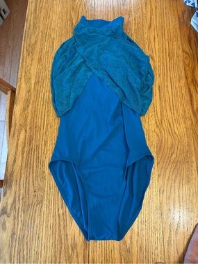 Dance leotard Teal One-Piece leotard with Draped Lace Overlay